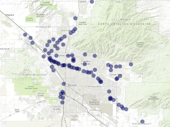 Map of Tucson with camera locations identified